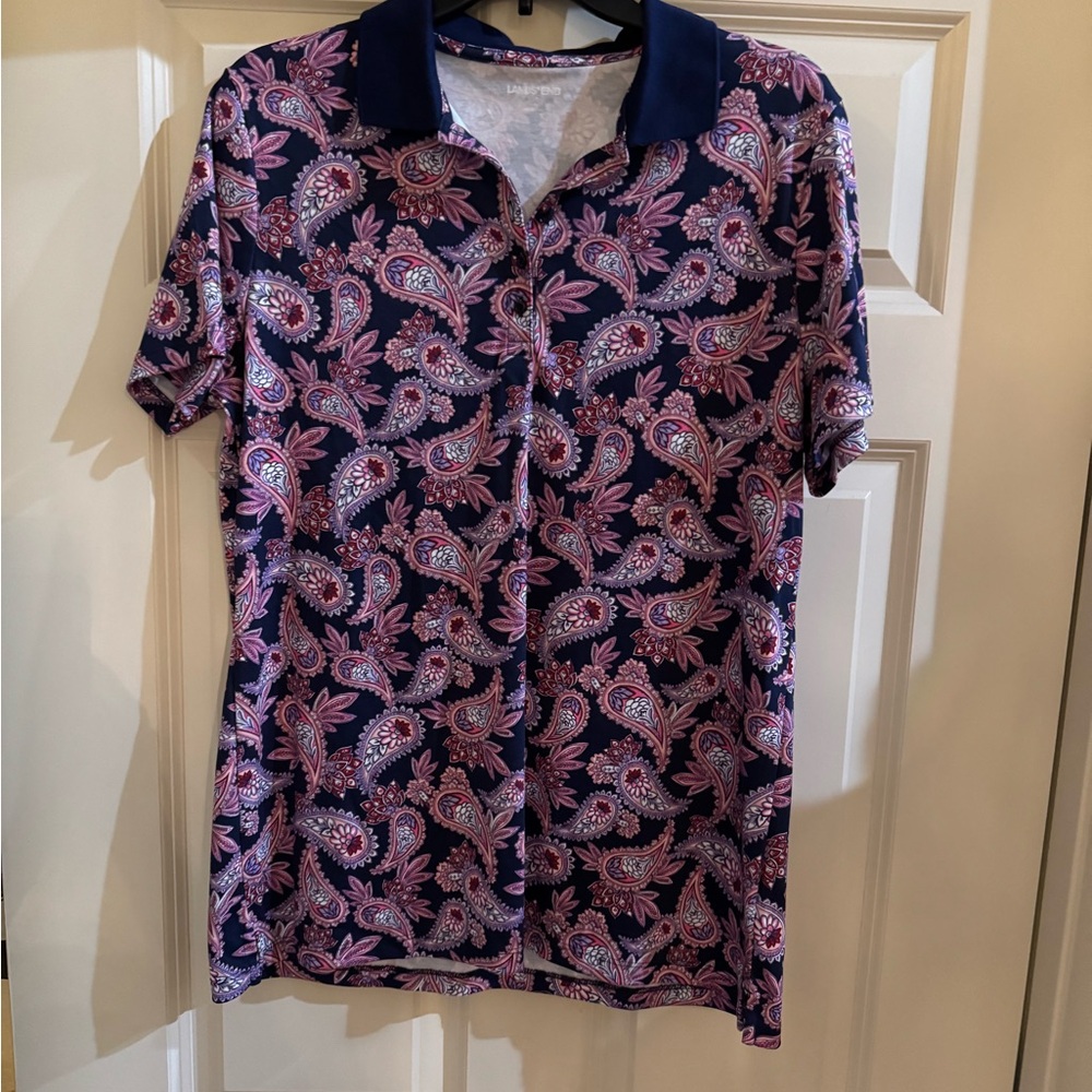 Lands' End Navy and Pink Paisley Polo Shirt men’s sz LT